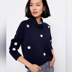 Loft Mock Neck Pullover Polka Dot Texture Top Navy Blue White Small 100% Cotton